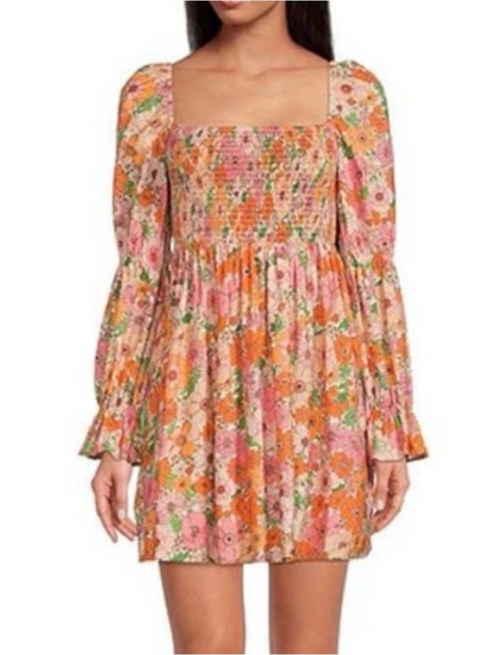 Gianni Bini Pink & Orange Floral Smocked Square-Neck Mini Dress